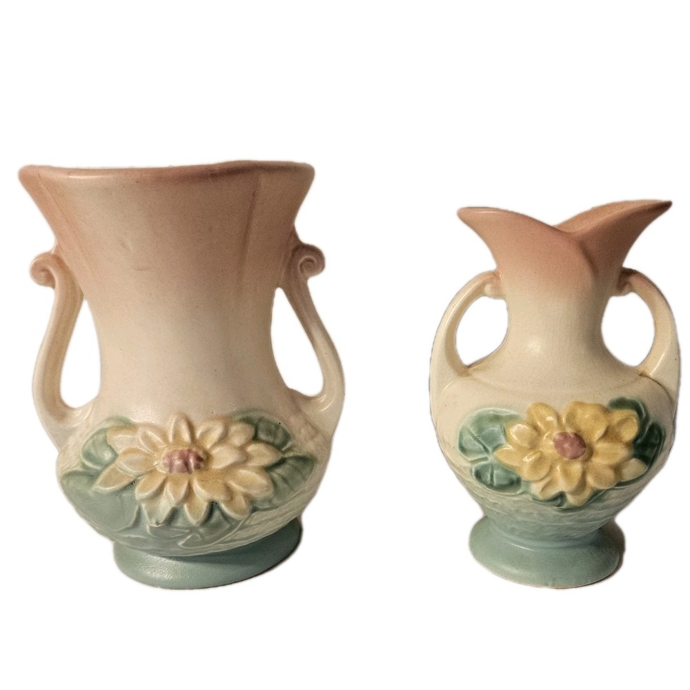 2 Vintage Hull USA Art Pottery Water Lily 2-Handled Vase And Smaller Vase *Read